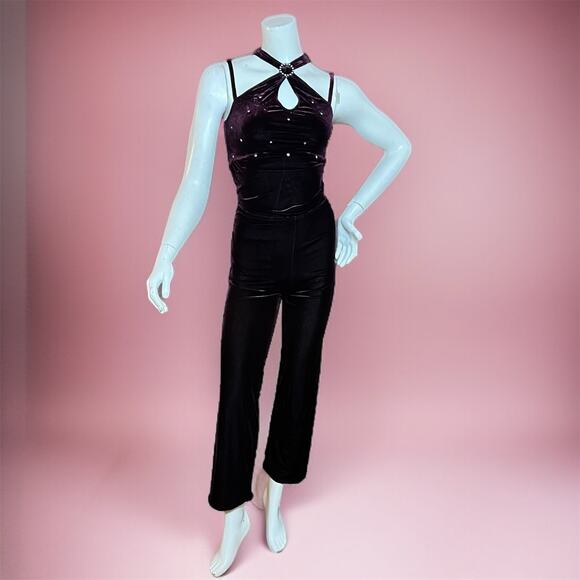 VINTAGE 80s Velvet Keyhole Halter 2 Piece Bodycon Set Size 2 Purple Dancer - Picture 1 of 8